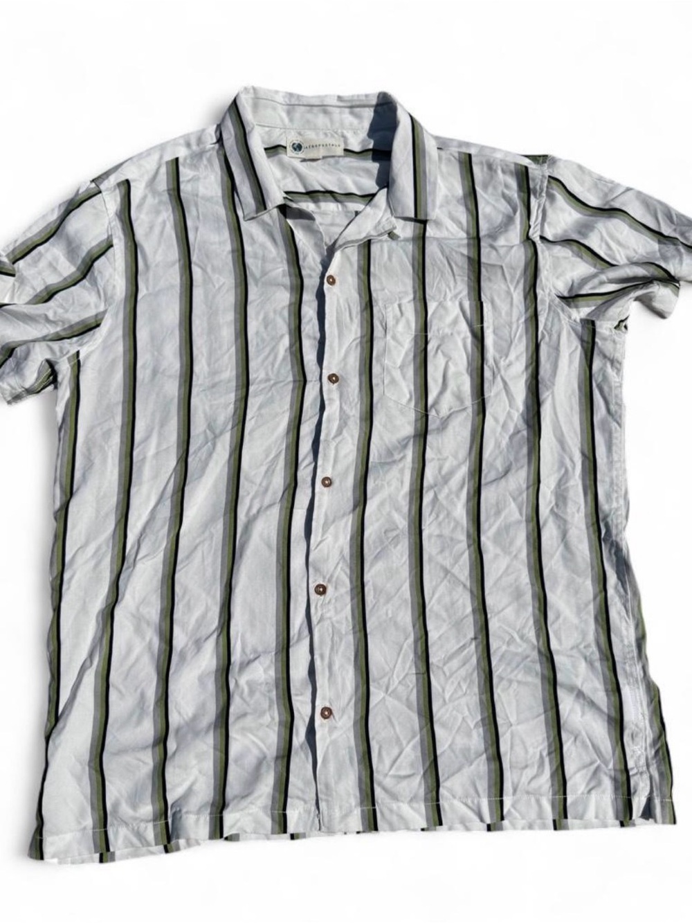 Aeropostale Men's Striped Short-Sleeve Button-Up Shirt - Green/White